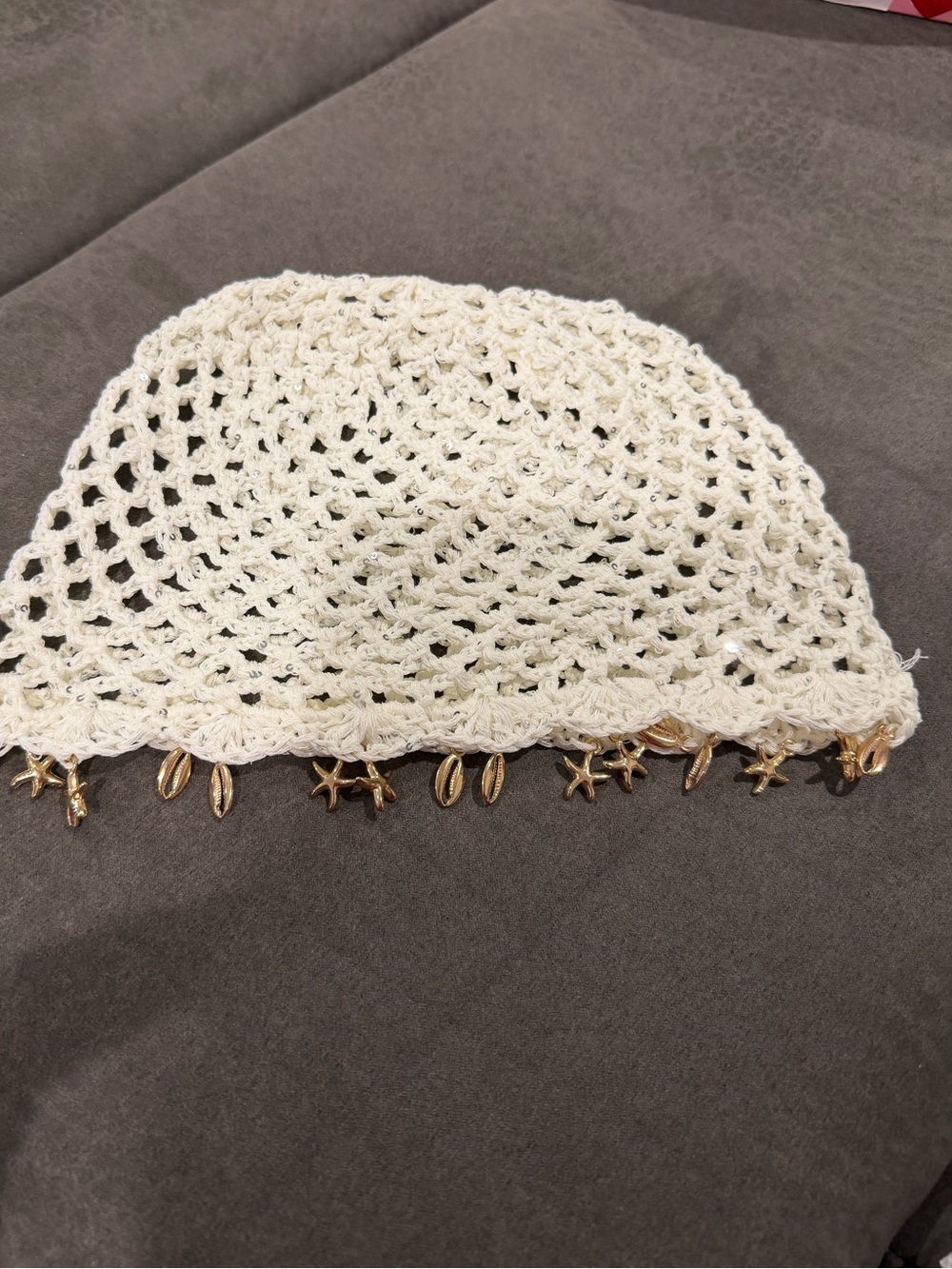 Cream Crochet Beach Beanie with Gold Shell & Starfish Charms